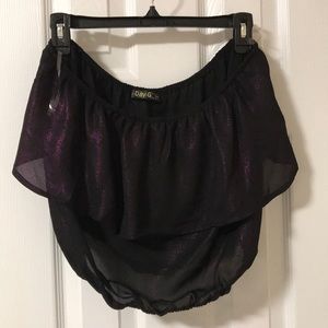 Black and purple holographic strapless flowy top